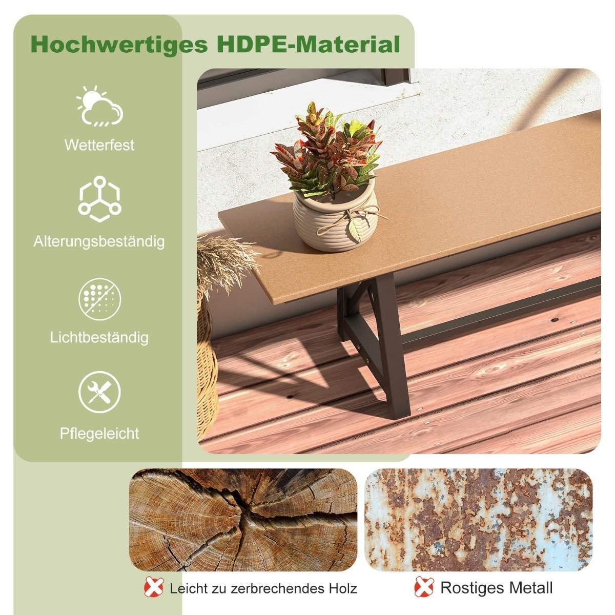 Havebænk vejrbestandig 3-personers bænk kan holde op til 500 kg 183 x 35 x 41,5 cm brun