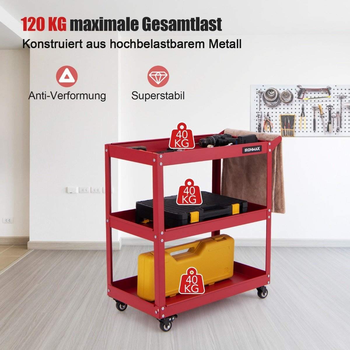 Værkstedsvogn 3 niveauer værkstedsvogn med 4 universalhjul & håndtag 73 x 36 x 75 cm rød