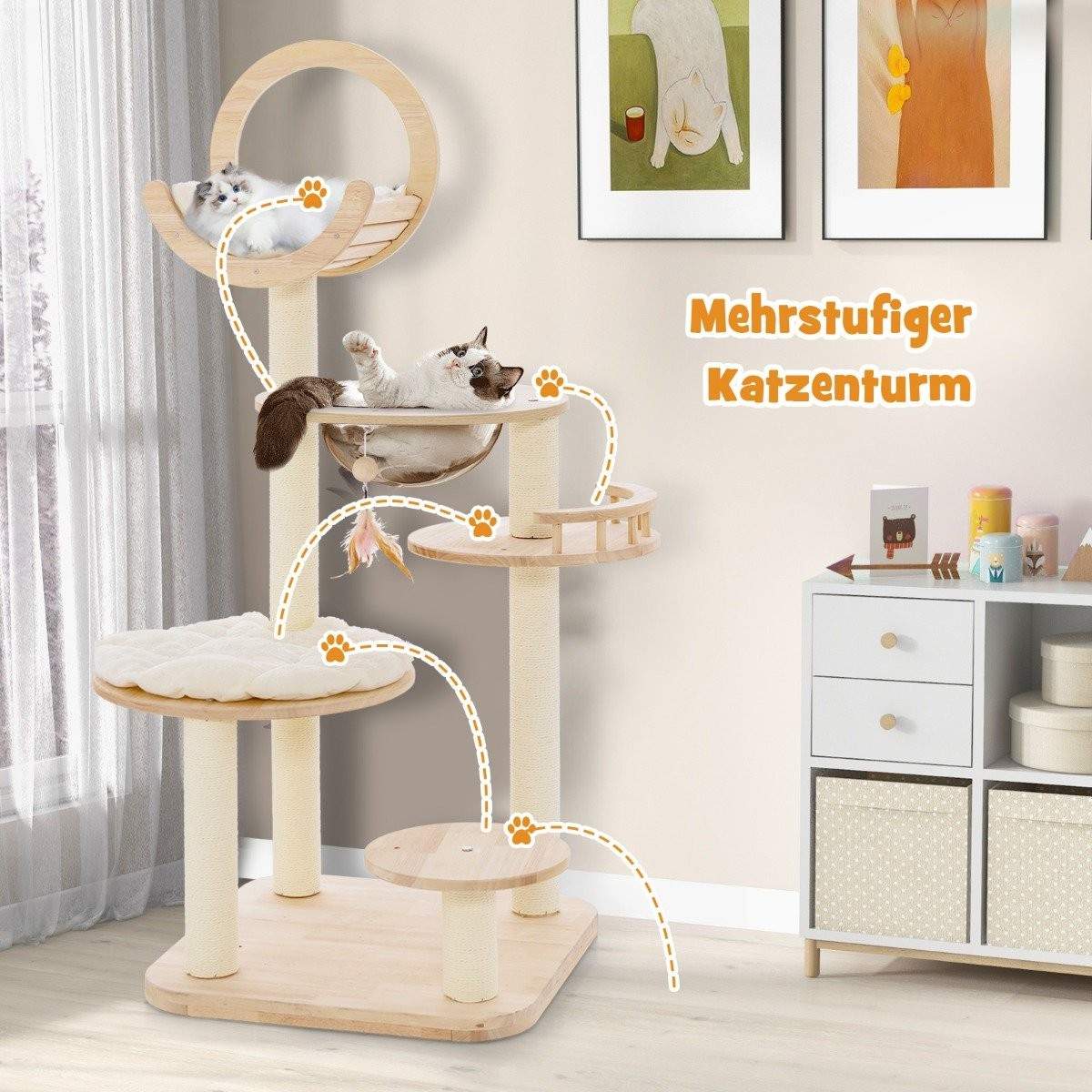 Trækradsestolpe 4 gør-det-selv-former Kattetræ med platforme og rumkapsel- og sisalstolper 60 x 60 x 146 cm Eg Træ Beige