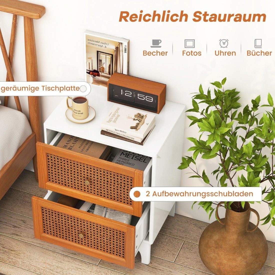 Sängbord nattduksskåp i rotting med 2 lådor sidobord med massiva träben 46 x 33 x 59,5 cm vit + brun | Elektronik | Pryloteket