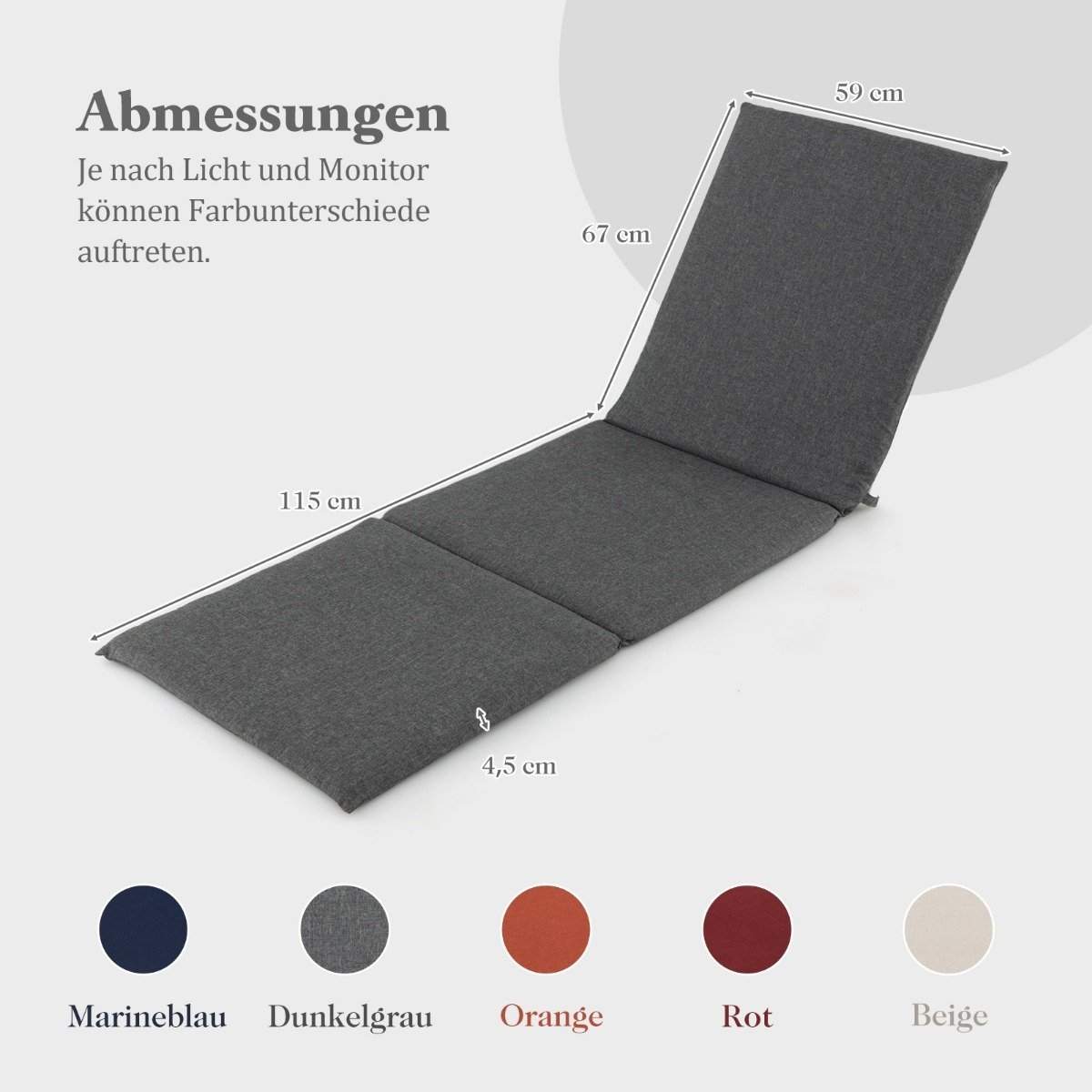 Liggehynde pude til liggestol polstret hynde til haveseng 182 x 59 x 4,5 cm mørkegrå