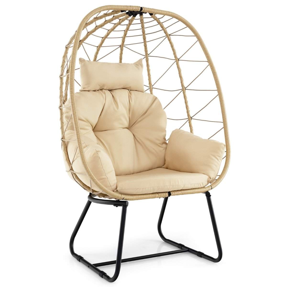 Rattan kurvestol med aftagelig pude & Oversize loungestol beige med stel af metal