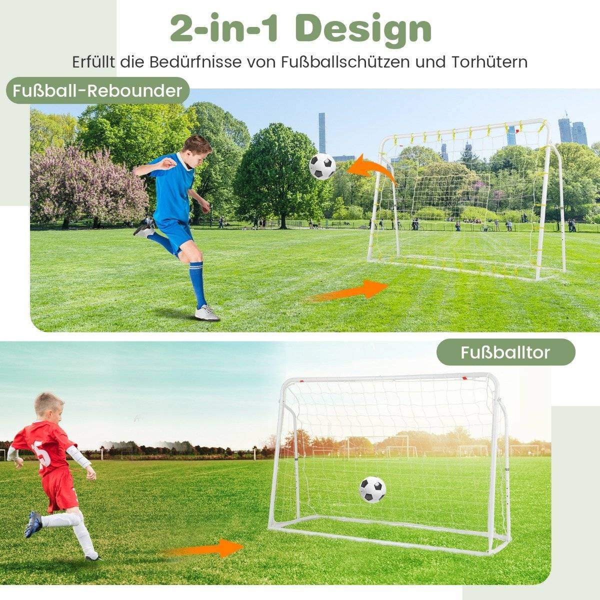 2 i 1 fodboldmål & rebounder fodboldmål 187 x 60 x 102-122,5 cm børnefodboldmålsæt højdejusterbar hvid