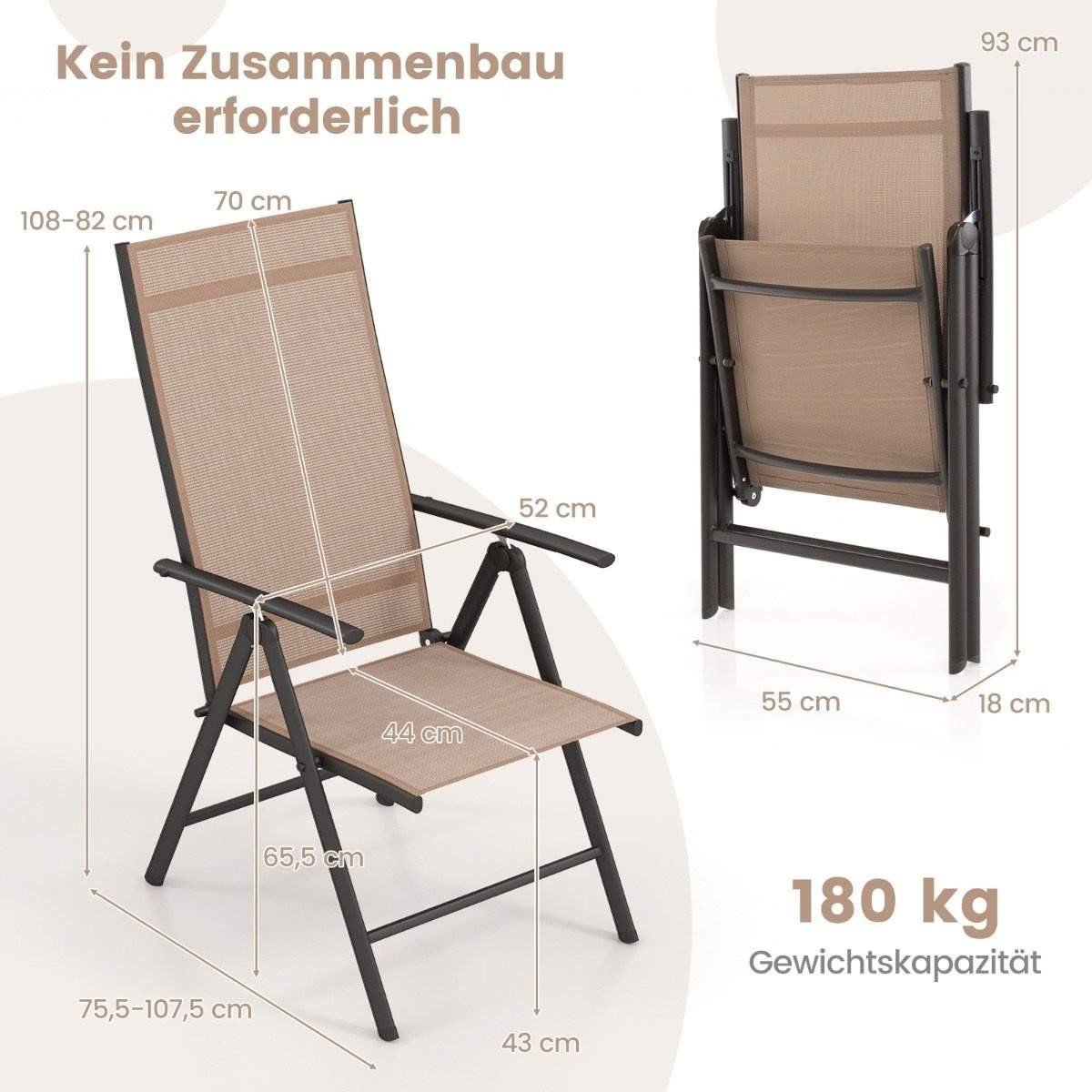 Havestole med 7-vejs justerbart ryglæn, klapstole, bæreevne op til 180 kg, brun, 1 stk.