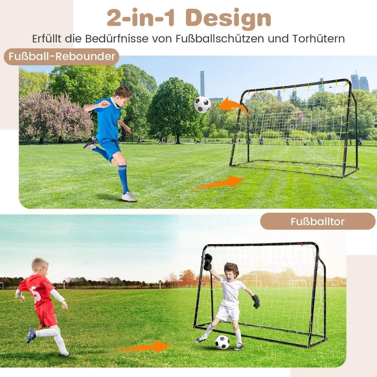 2 i 1 fodboldmål & rebounder fodboldmål 187 x 60 x 102-122,5 cm børnefodboldmålsæt højdejusterbar sort
