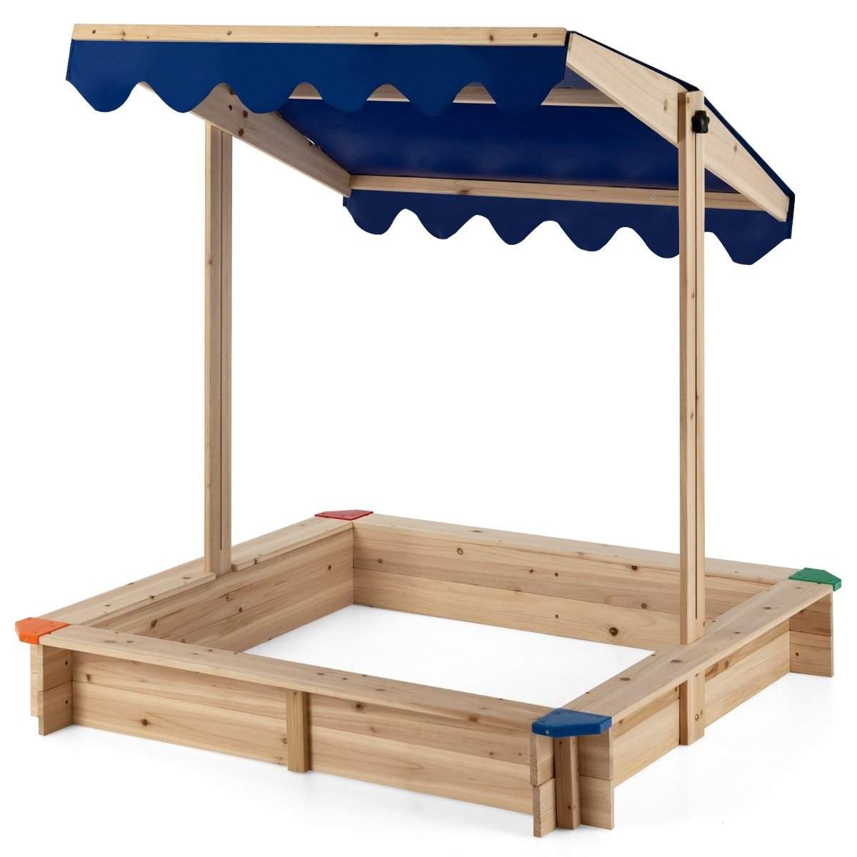 Træsandkasse med højdejusterbar baldakin og beskyttende hjørner legeplads