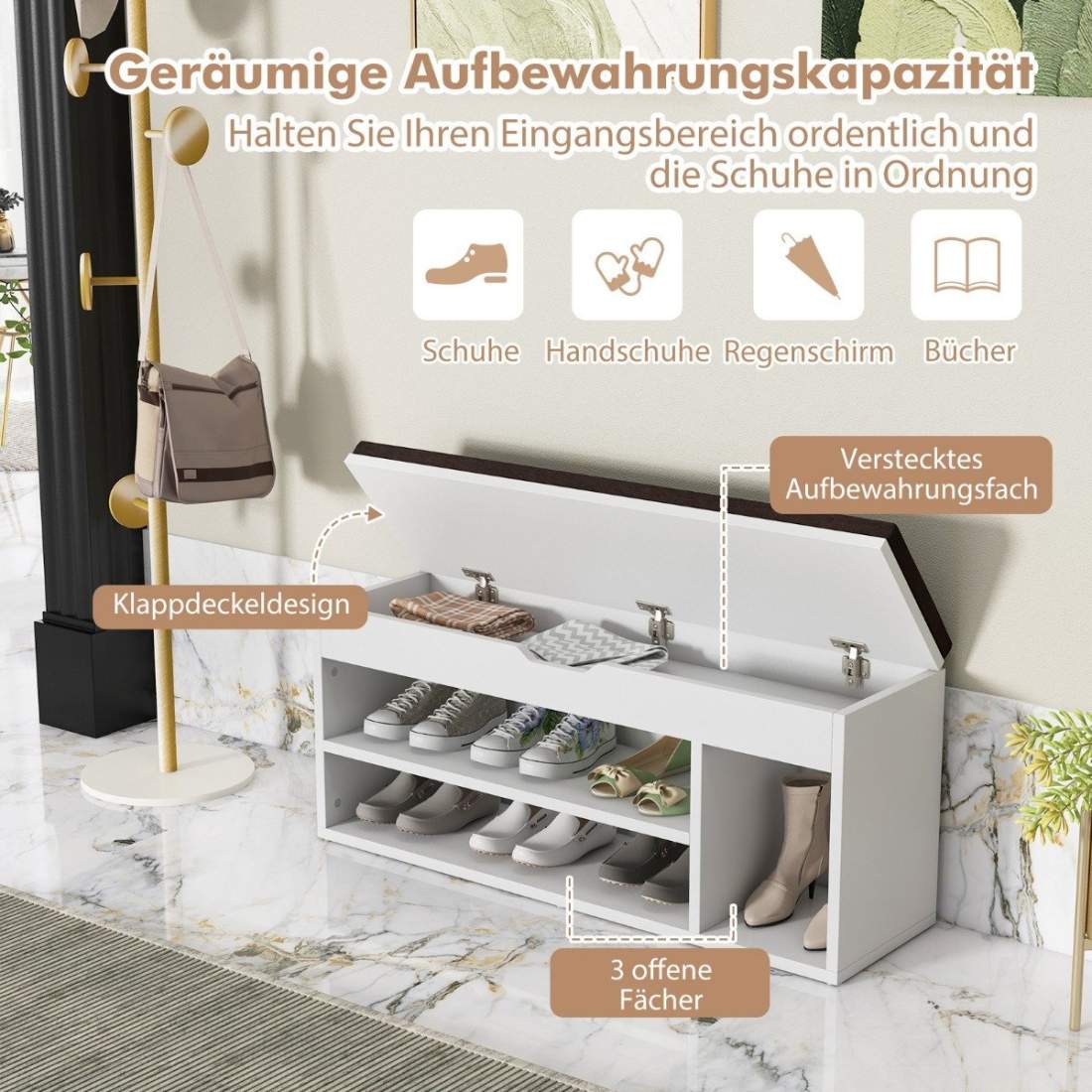 Skobänk med sits och förvaringsutrymme 104 x 30 x 48 cm garderobsbänk skoställ trägrå | Mode & Accessoarer - Kläder - Skor | Pryloteket