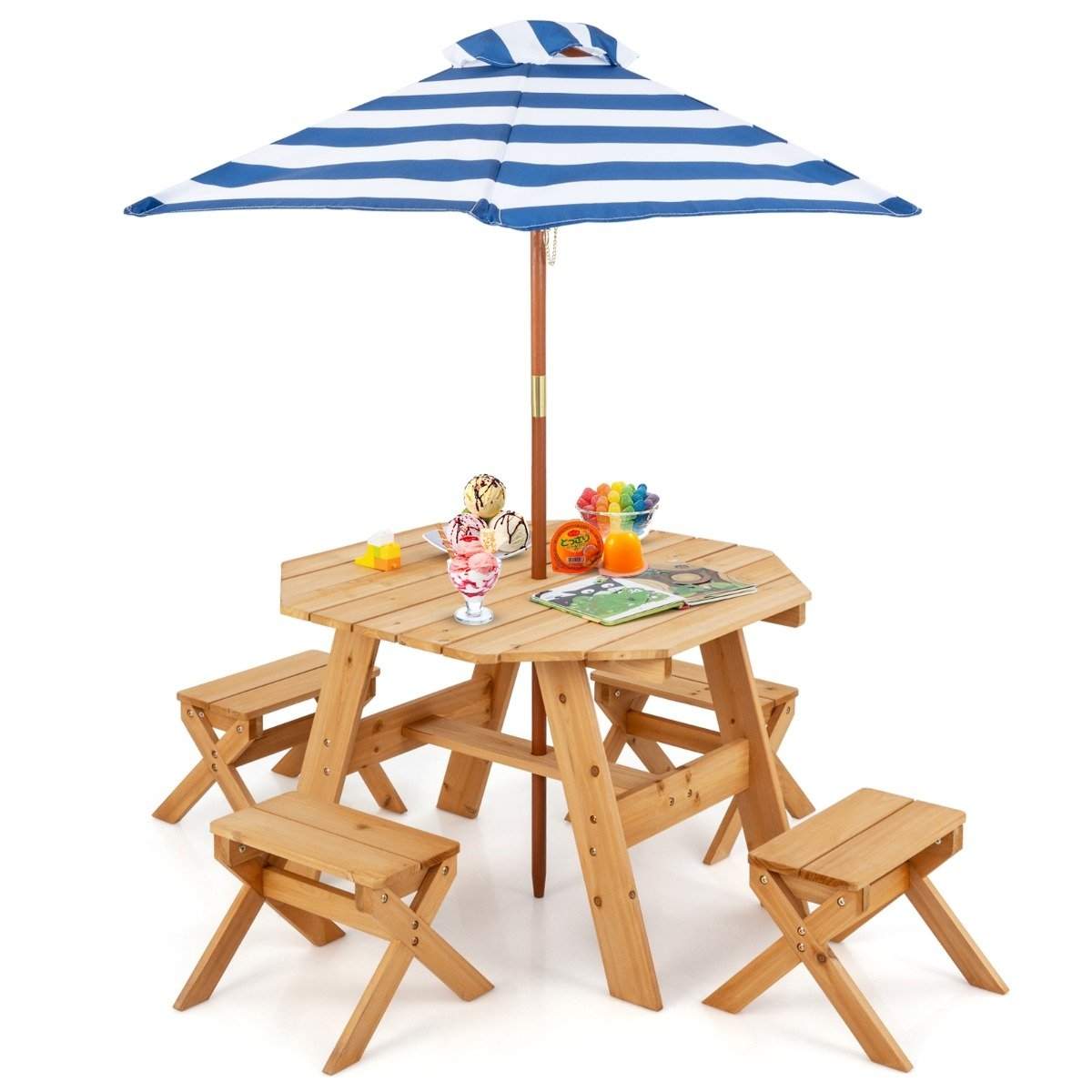 Ottekantet dækkeserviet i træ med 4 stole & Højdejusterbart parasol-picnicbord naturligt