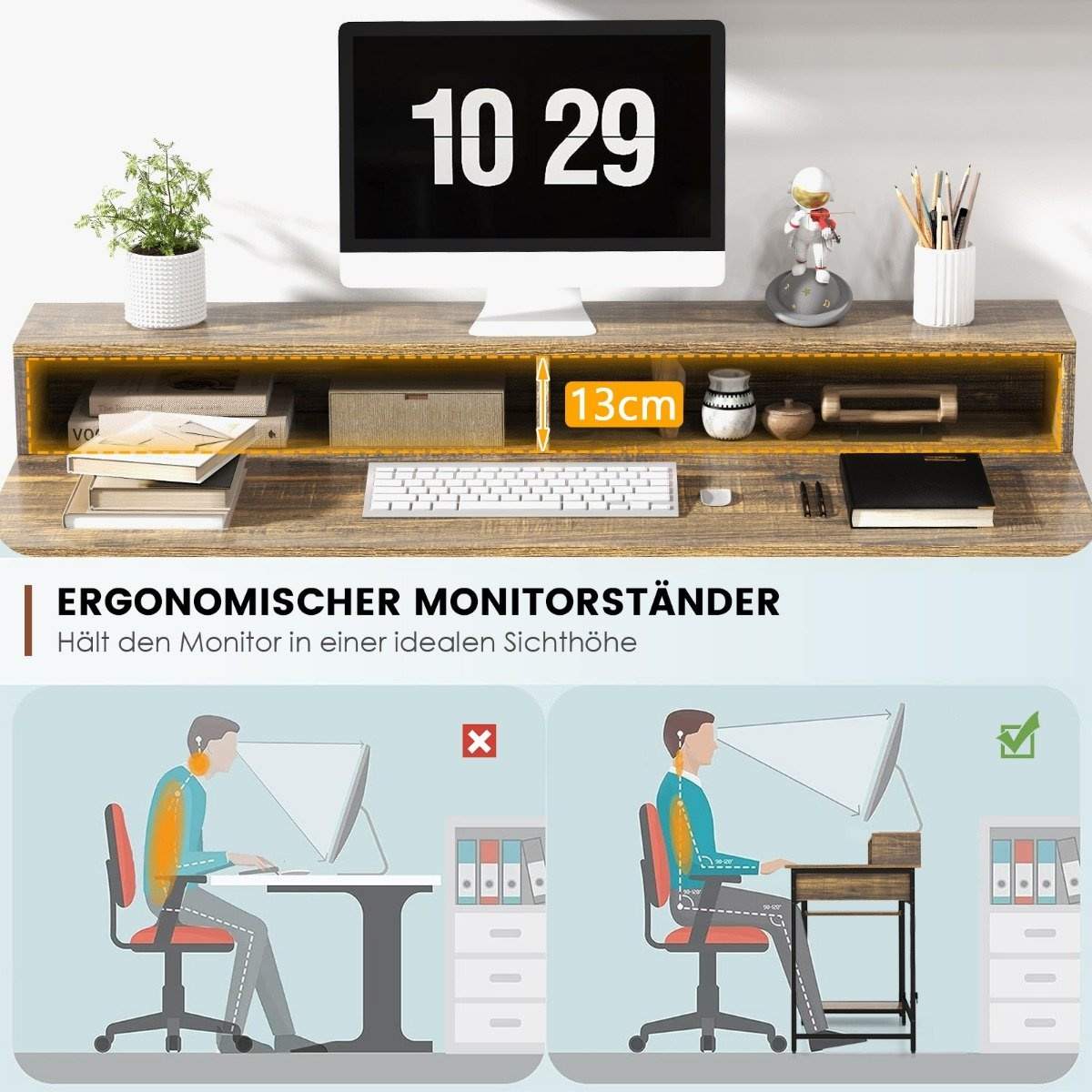 Skrivebord med skuffe skærmstativ & 2 åbne hylder computerbord med metalramme 120 x 56 x 90,5 cm