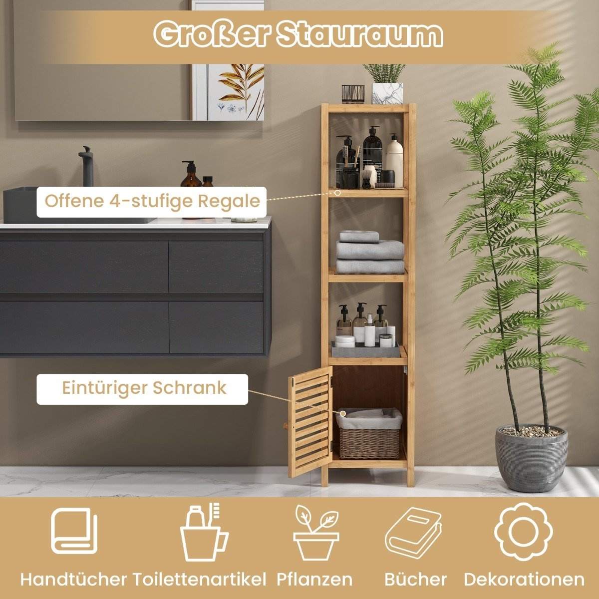 Badrumshylla i bambu med 4 hyllplan och lamelldörr 34 x 33 x 140 cm natur | Hem & Hobby - Hem & Hushåll - Textil - Handdukar | Pryloteket