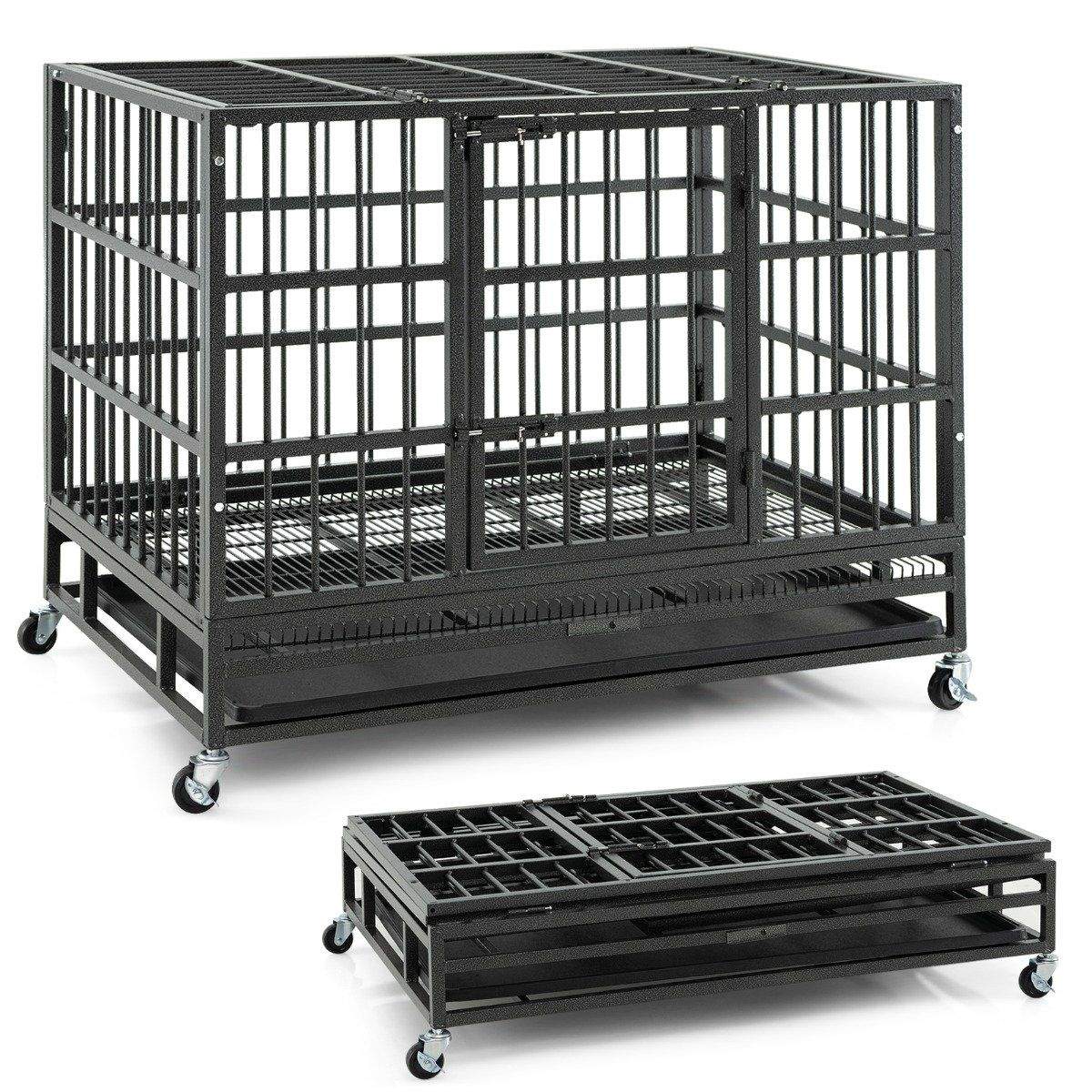 Sammenfoldeligt hundebur med 2 døre & Roller & udtrækkelig bakke transportbur transportkasse 96 x 65 x 77 cm