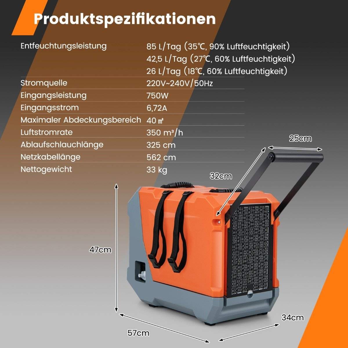 85 L/dag avfuktare byggtork med pump & avloppsslang industriell torkanordning med 24H timer orange + grå | Elektronik - Kablar & Adaptrar - Adaptrar & Signalomvandlare - Ljud | Pryloteket