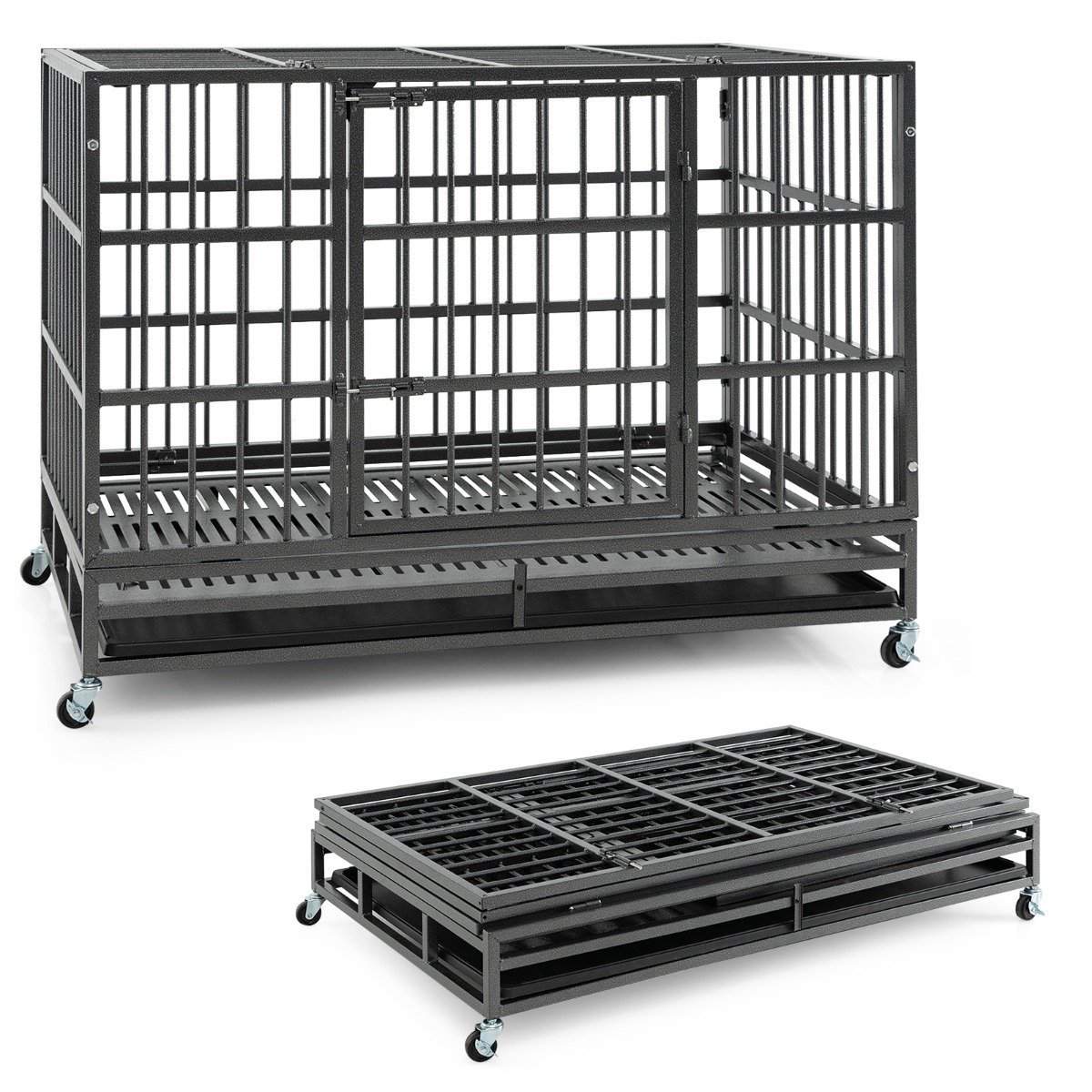 Sammenfoldeligt hundebur med 2 døre & Roller & udtrækkelig bakke transport bur transportkasse 120 x 76 x 90 cm