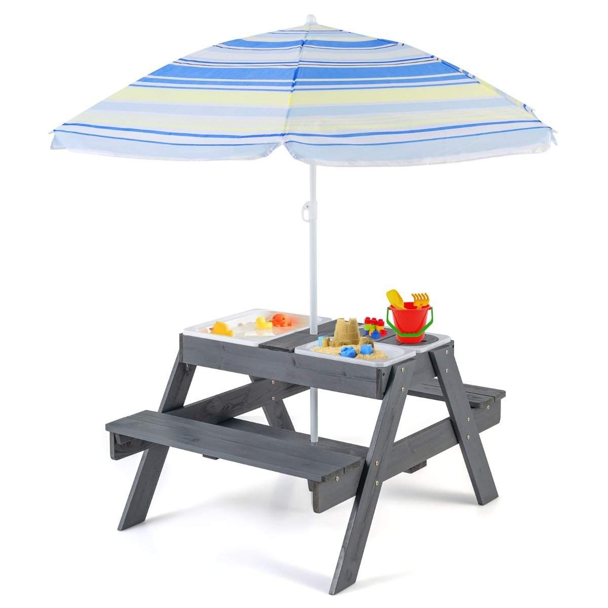 4 i 1 picnic bordsæt til børn med 3 aftagelige beholdere til sand-/vandlegebord