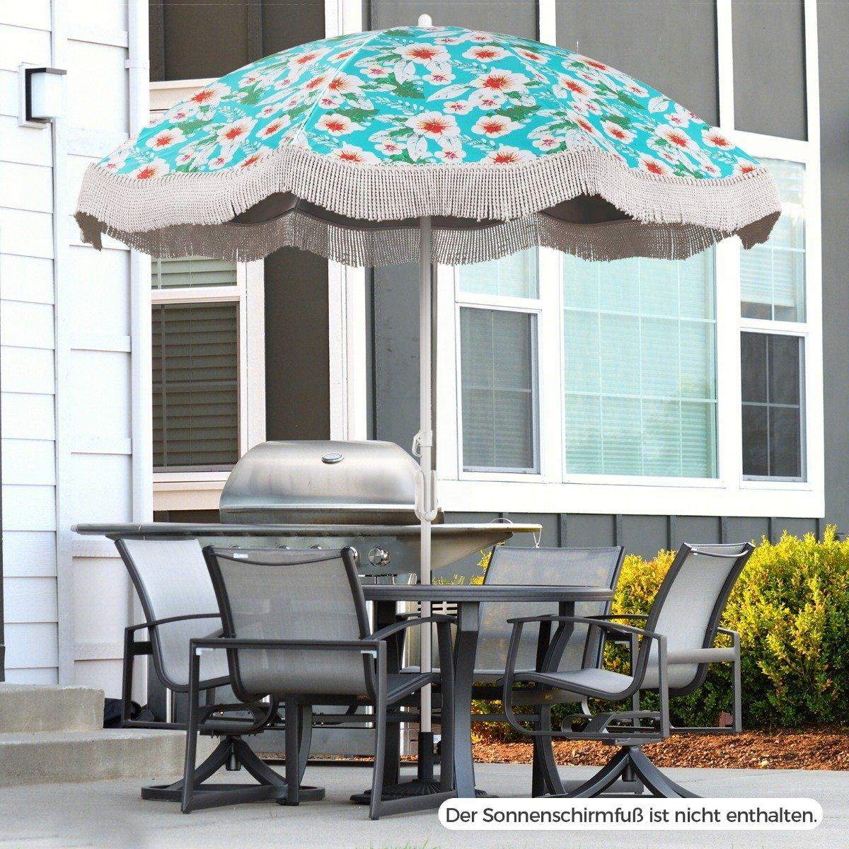 Parasol strandparasol med frynser UPF 50+ 30° bøjelig terrasseparasol med jordspyd