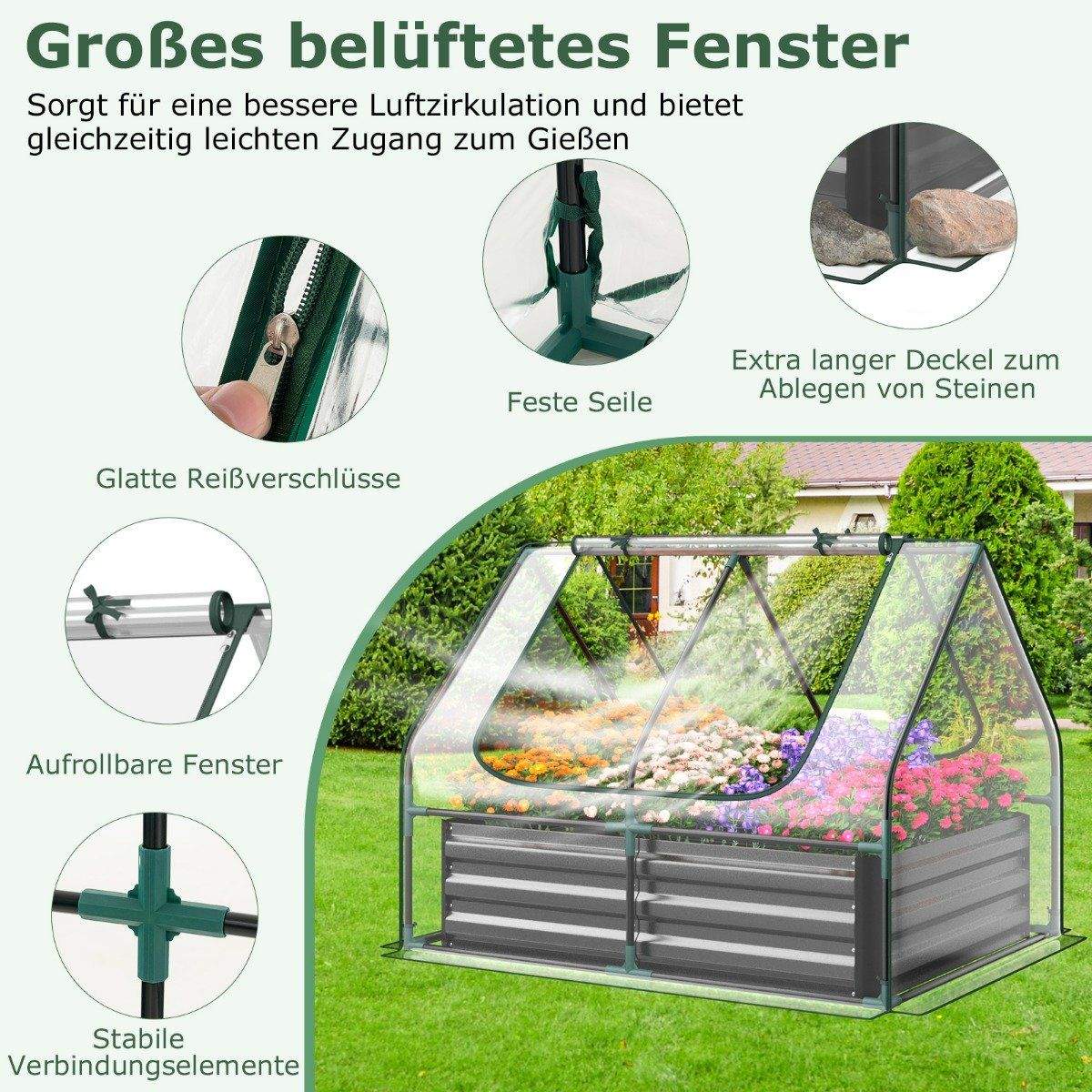 3 i 1 drivhus med højbed metal plantekasse PVC film blomsterbed med to vinduer sølv 129 x 97 x 96 cm