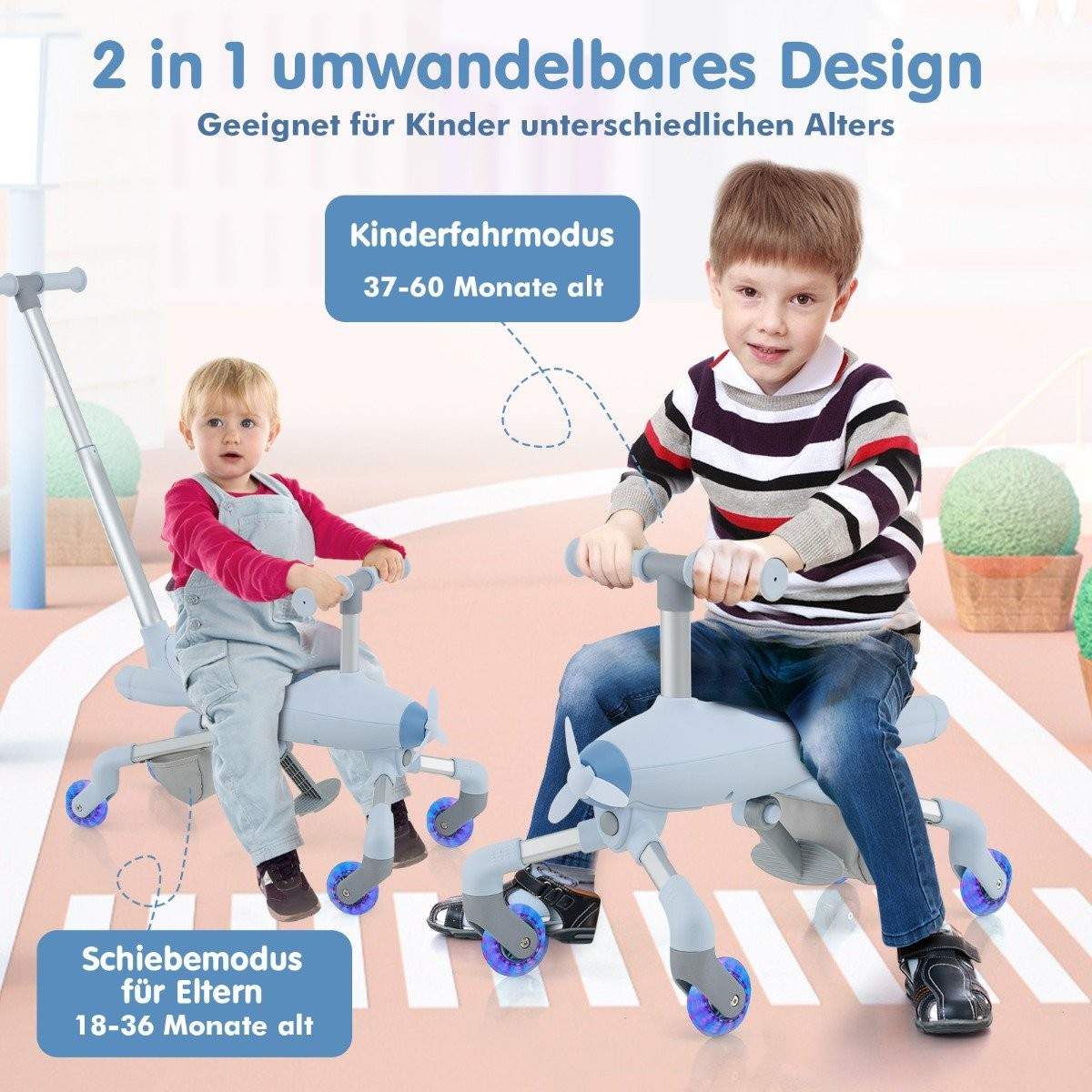 2-i-1 skubbebil til børn skubbebil i flymotiv med LED-belyste hjul, bærbar op til 50 kg blå