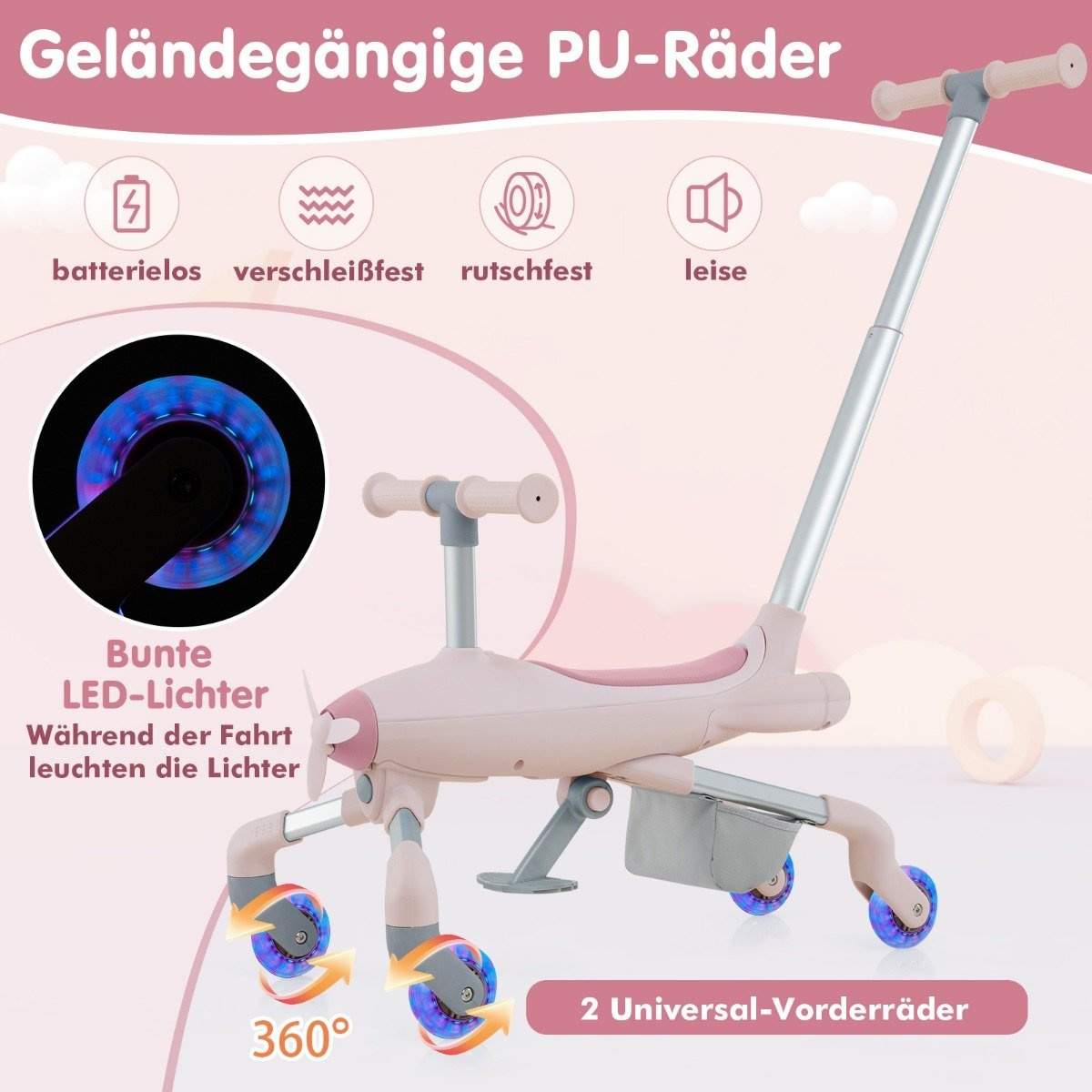 2-i-1 skubbebil til børn Flymotiv skubbebil med LED-belyste hjul Bærbar op til 50 kg Pink