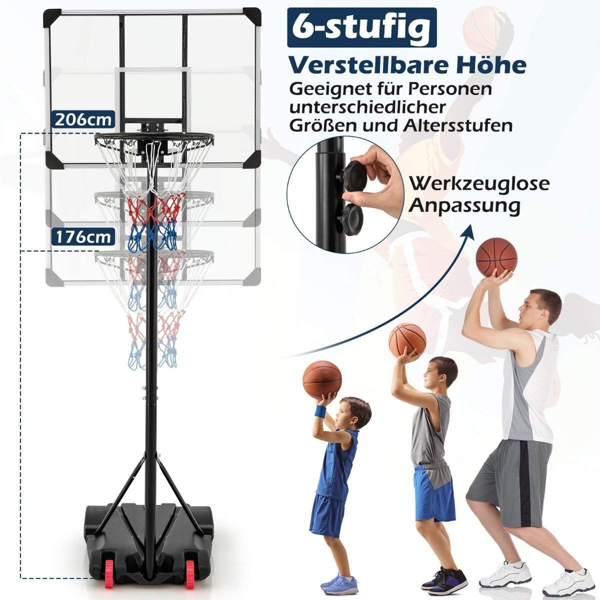 Basketball bøjle udendørs basketball stativ 176-206 cm højdejusterbart mobilt bøjlesystem med bagvæg sort