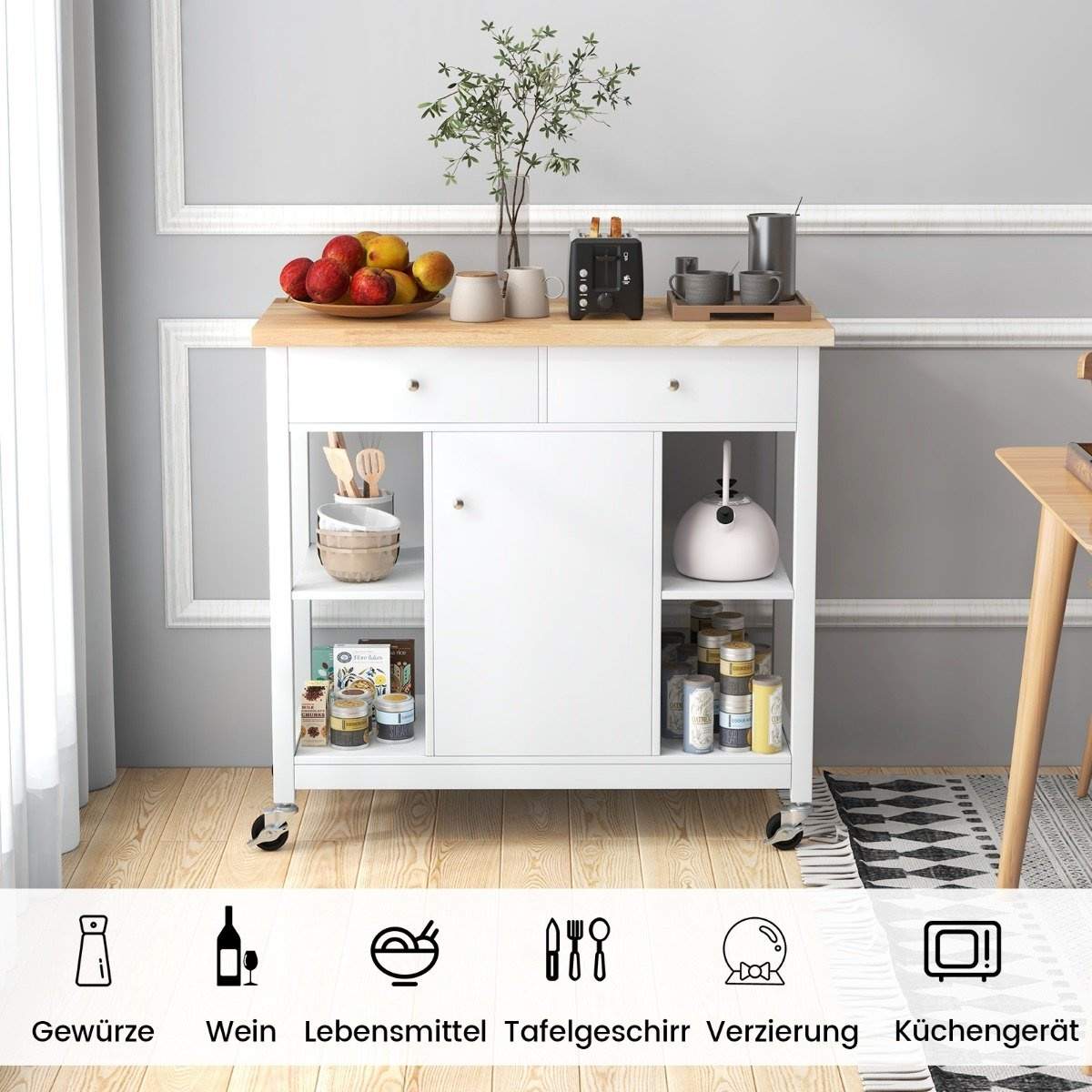 Køkkenvogn med hjul Køkkenø med bordplade Serveringsvogn med 2 skuffer 99 x 46 x 90 cm Hvid