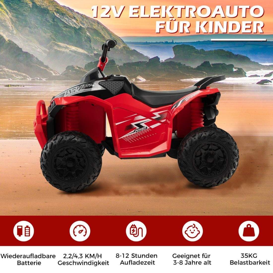 12V elektrisk fyrhjuling för barn med 2,2/4,3 KM/H hastighet & Horn, musik & LED-lampor elektrisk quad röd | Hem & Hobby - Hem & Hushåll - Bygg | Pryloteket