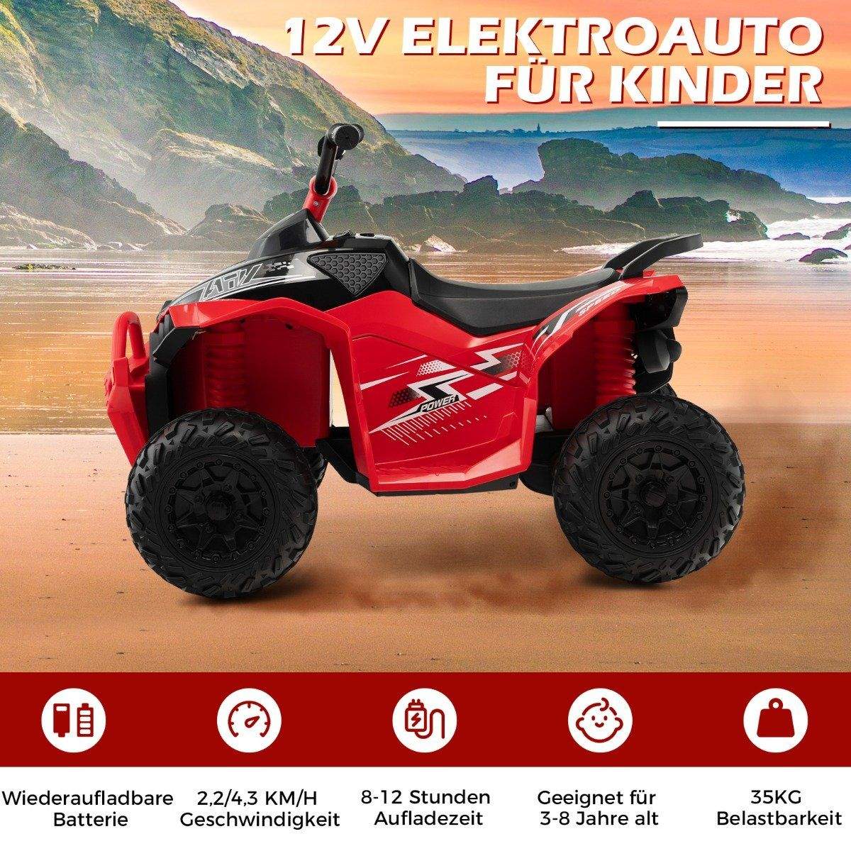 12V elektrisk børnequad med 2,2/4,3 KM/H hastighed & Horn, musik & LED lyser elektrisk quad rødt