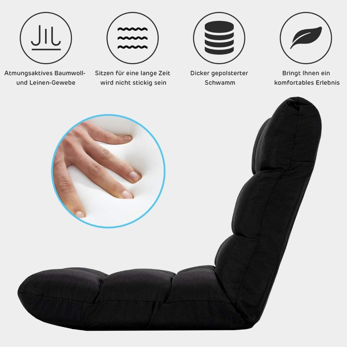 Gulvstol justerbar gulvstol polstret gulvhynde med ryglæn ravnsort