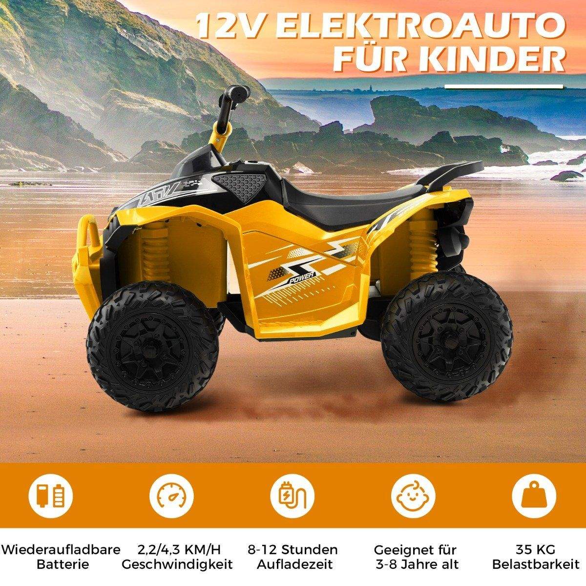 12V elektrisk børnequad med 2,2/4,3 KM/H hastighed & Horn, musik & LED lyser elektrisk quad gul