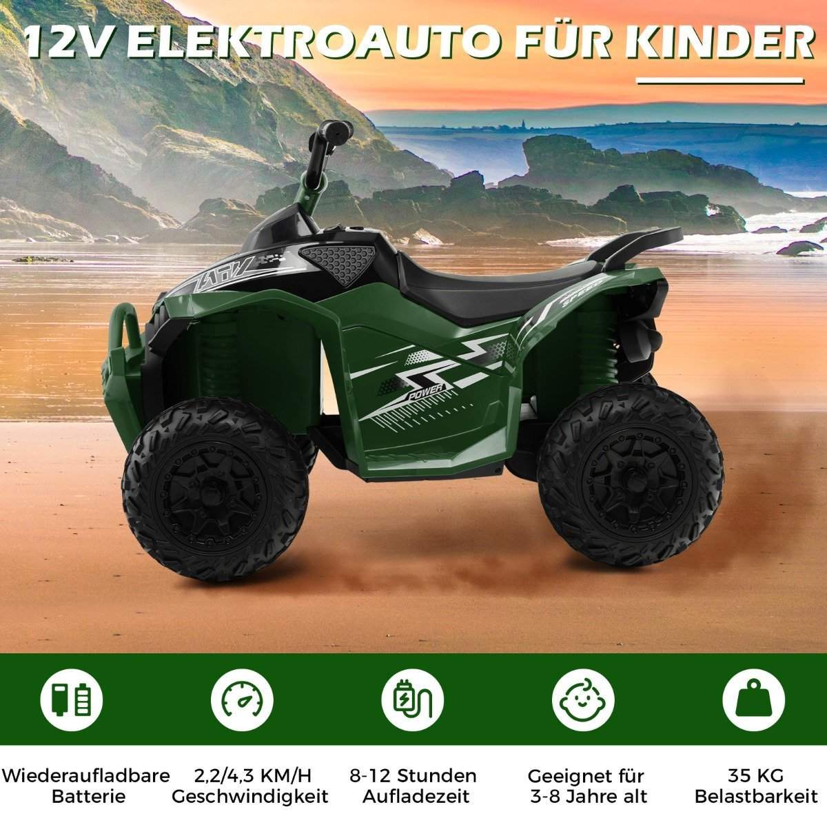 12V elektrisk børnequad med 2,2/4,3 KM/H hastighed & Horn, musik & LED lyser elektrisk quad grønt
