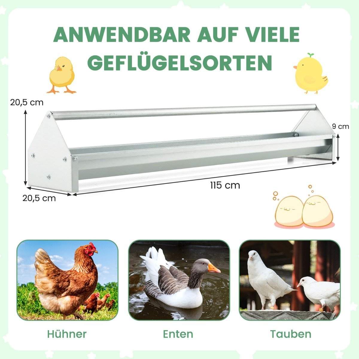 Metaltrug til kyllingefoderkorndispenser lavet af galvaniseret metal med drænhuller og drejeligt håndtag