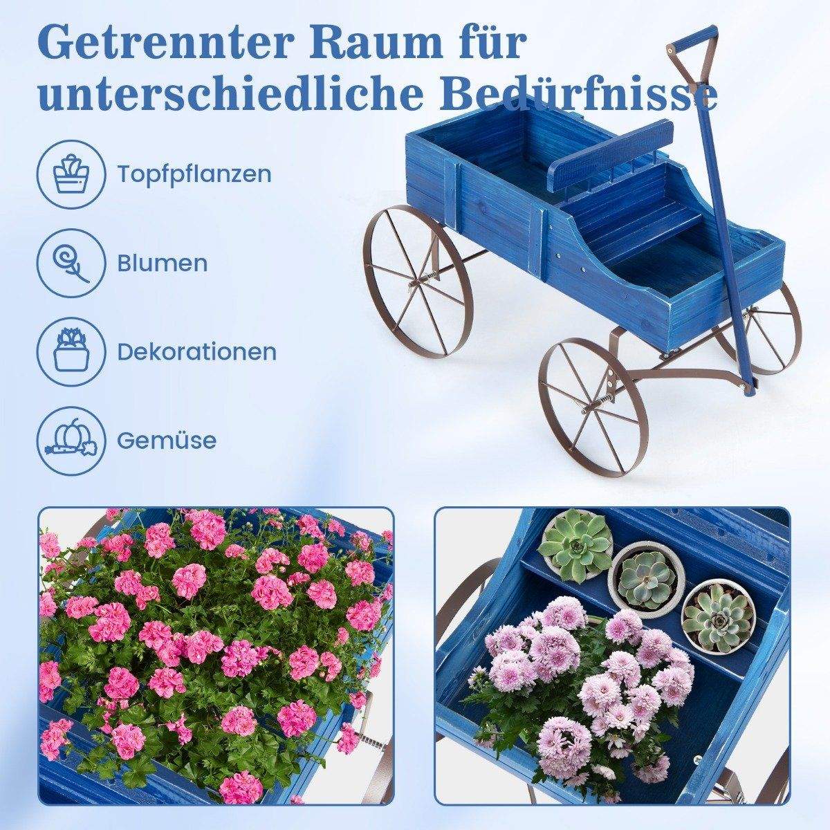 Blomsterstativ trævogn plantevogn blomstervogn med metalhjul 62 x 34 x 60 cm blå