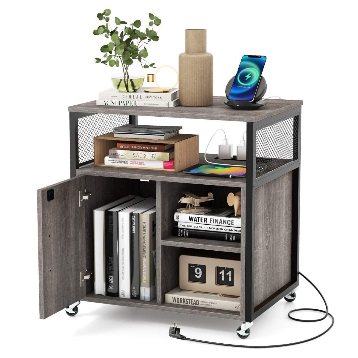 Arkivskab på hjul Kontorskab med ladestation & Hul til kabelstyring printerstativ - grå