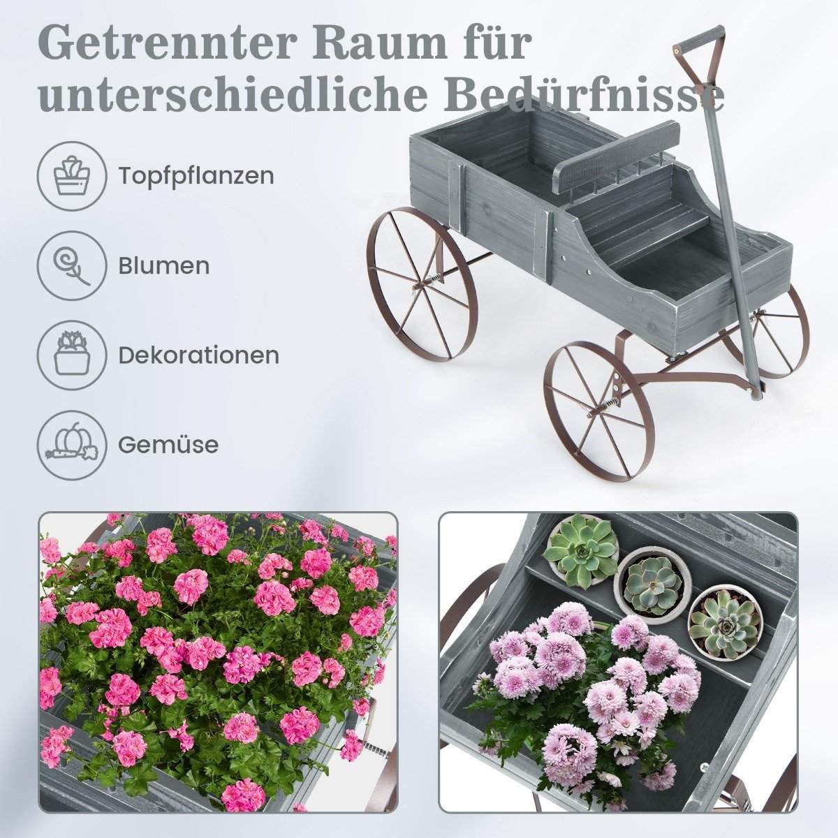 Blomsterstativ trævogn plantevogn blomstervogn med metalhjul 62 x 34 x 60 cm grå