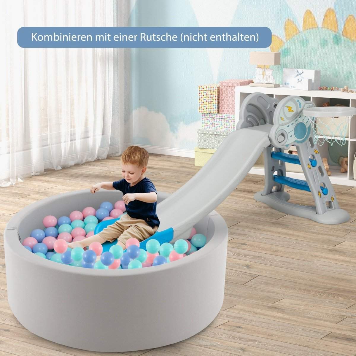 Kuglebassin med 200 bolde Kuglebassin 90 x 30 cm inklusive aftagelig gulvmåtte grå