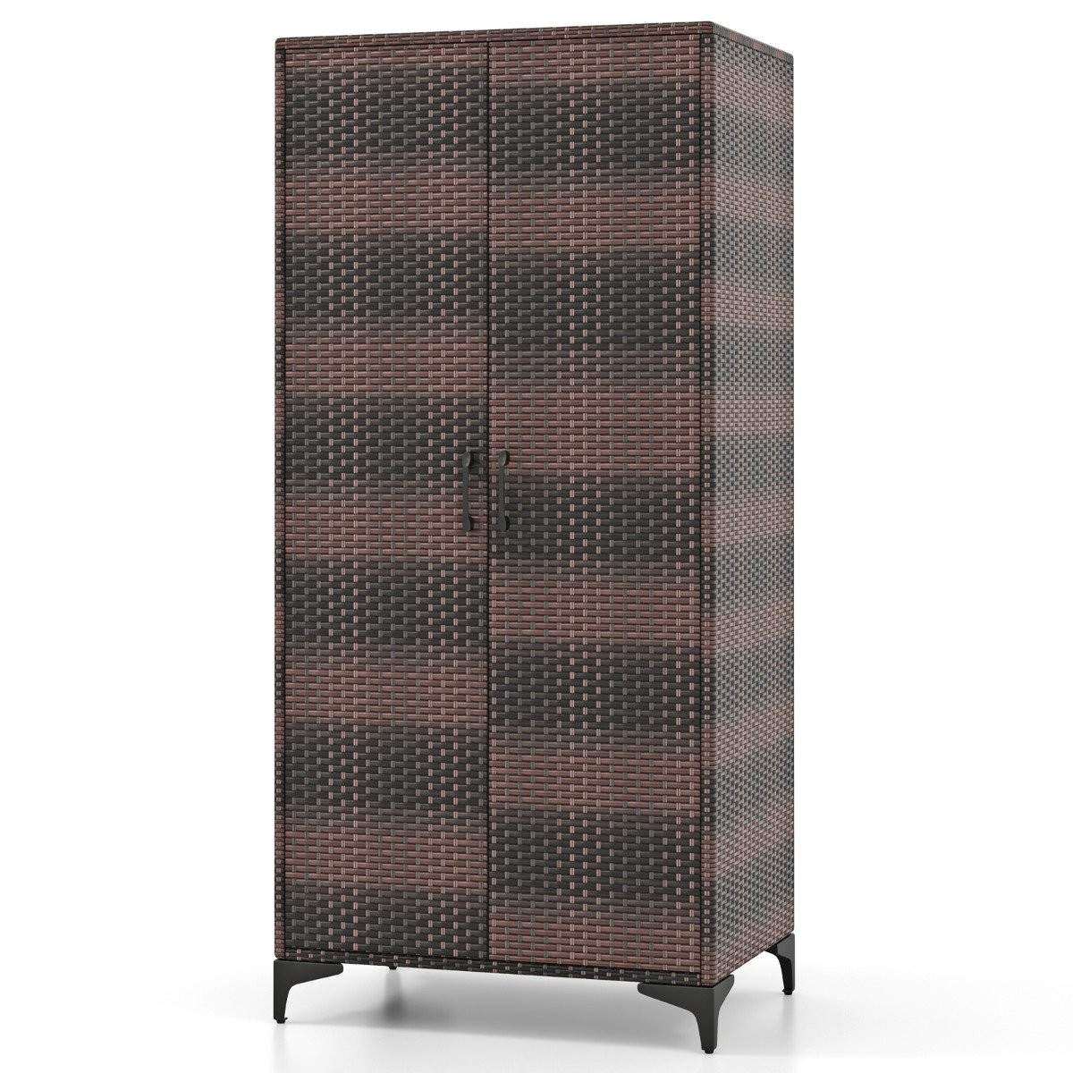 PE rattan garderobe med 2 døre & Tøjstang & amp 4 rums garderobe brun