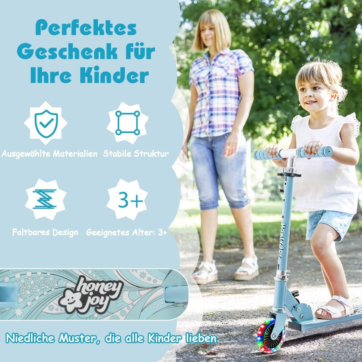 Børnescooter med LED hjul og foldbart styr, højdejusterbar, børnescooter, lyseblå