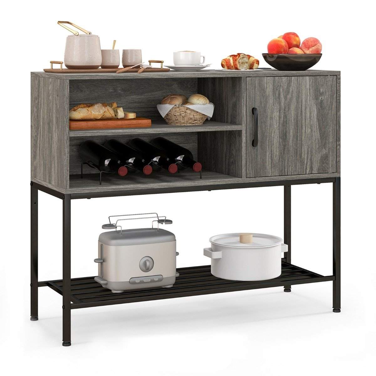 Barskab med vinreoler og hylder Trækonsolbord med metalstel til spisestue 100 x 35 x 83 cm Grå