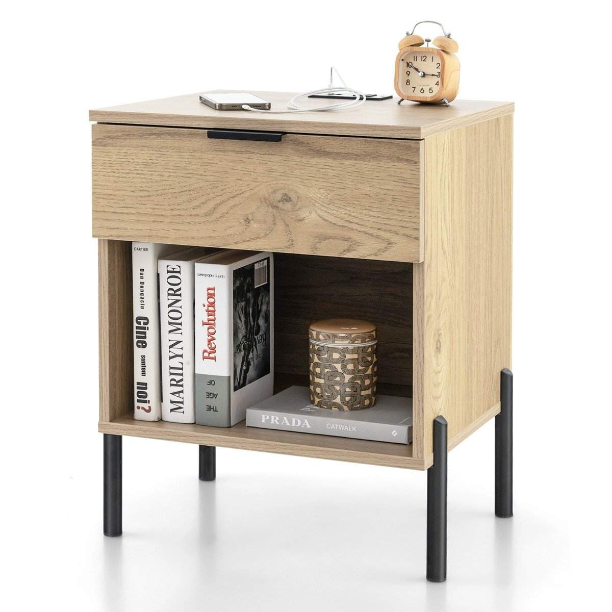 Moderne sengebord med ladestation & skuffe & åbent rum sidebord opbevaringsbord