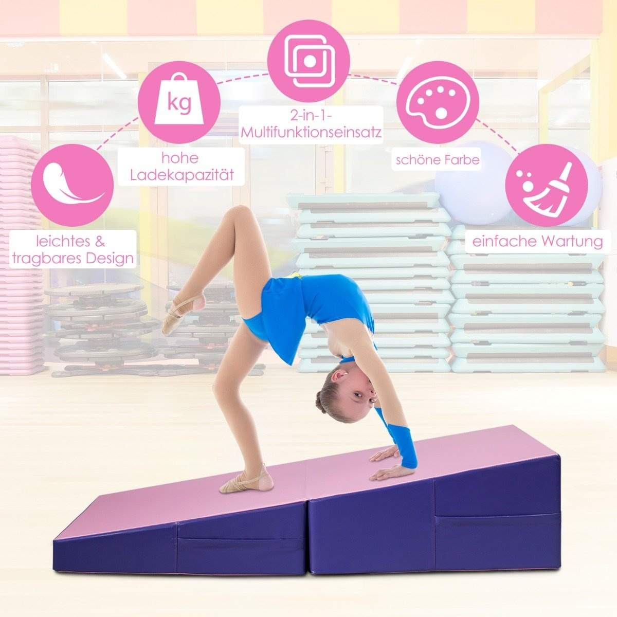 Skrå gymnastikmåtte, kileformet blød gulvmåtte, foldbar 2 i 1 gymnastikmåtte med bærehåndtag 150 x 75 x 36 cm pink + lilla