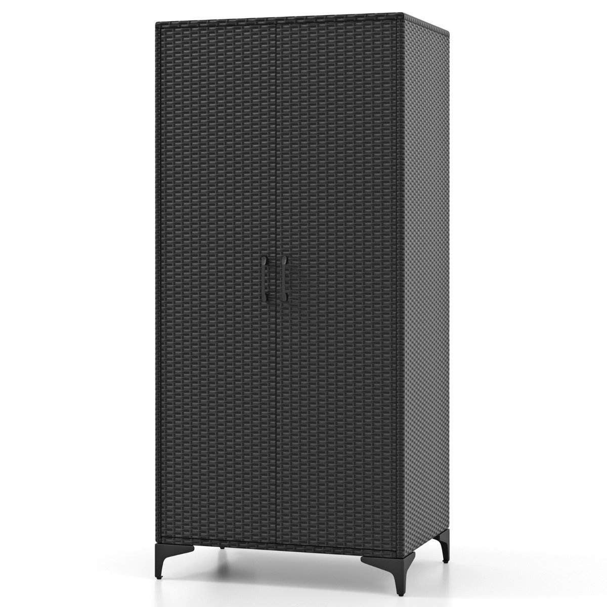 PE rattan garderobe med 2 døre & Tøjstang & amp 4 rums garderobe sort