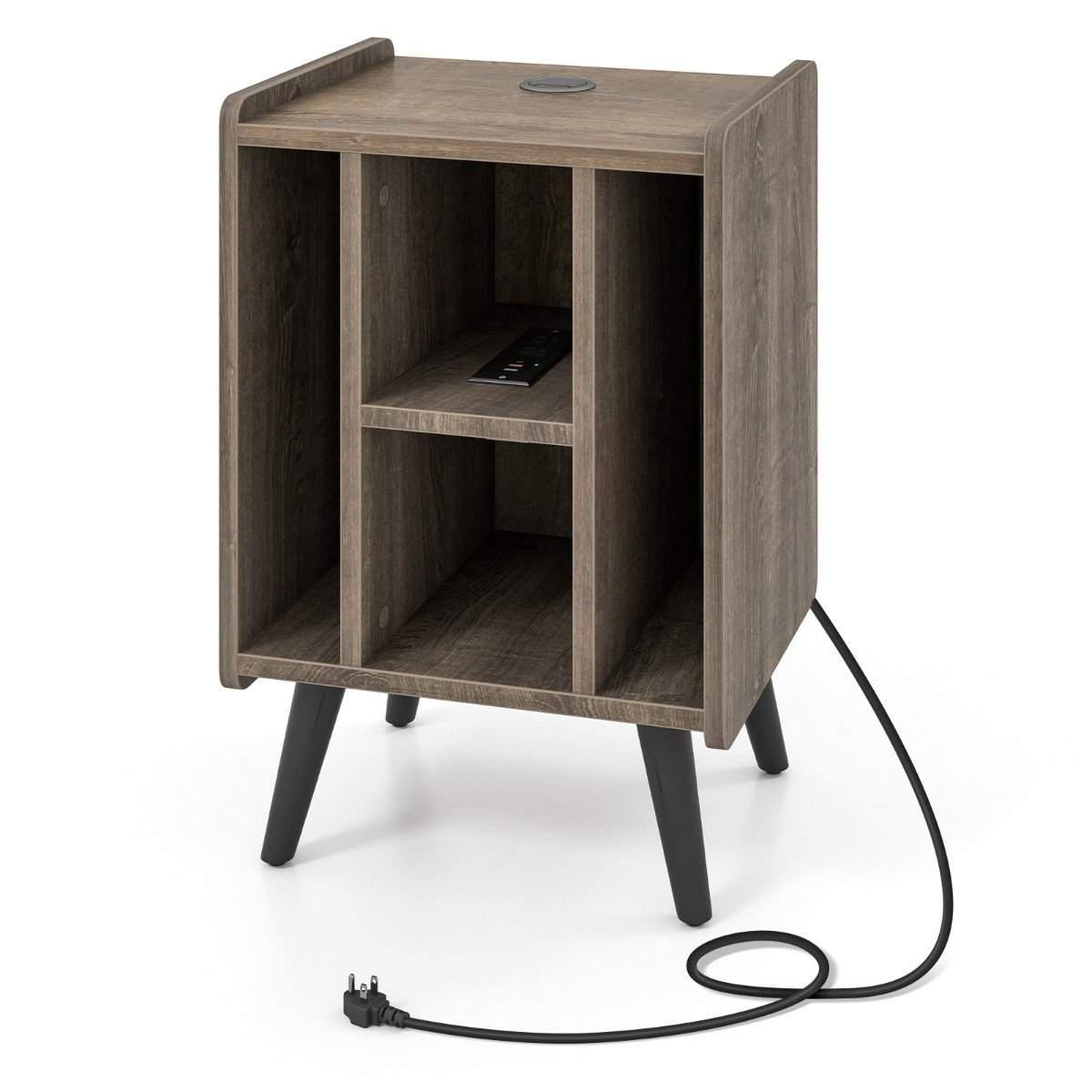 Pladespillerstativ med ladestation & 4 åbne hylder vinylplader pladespiller bord grå
