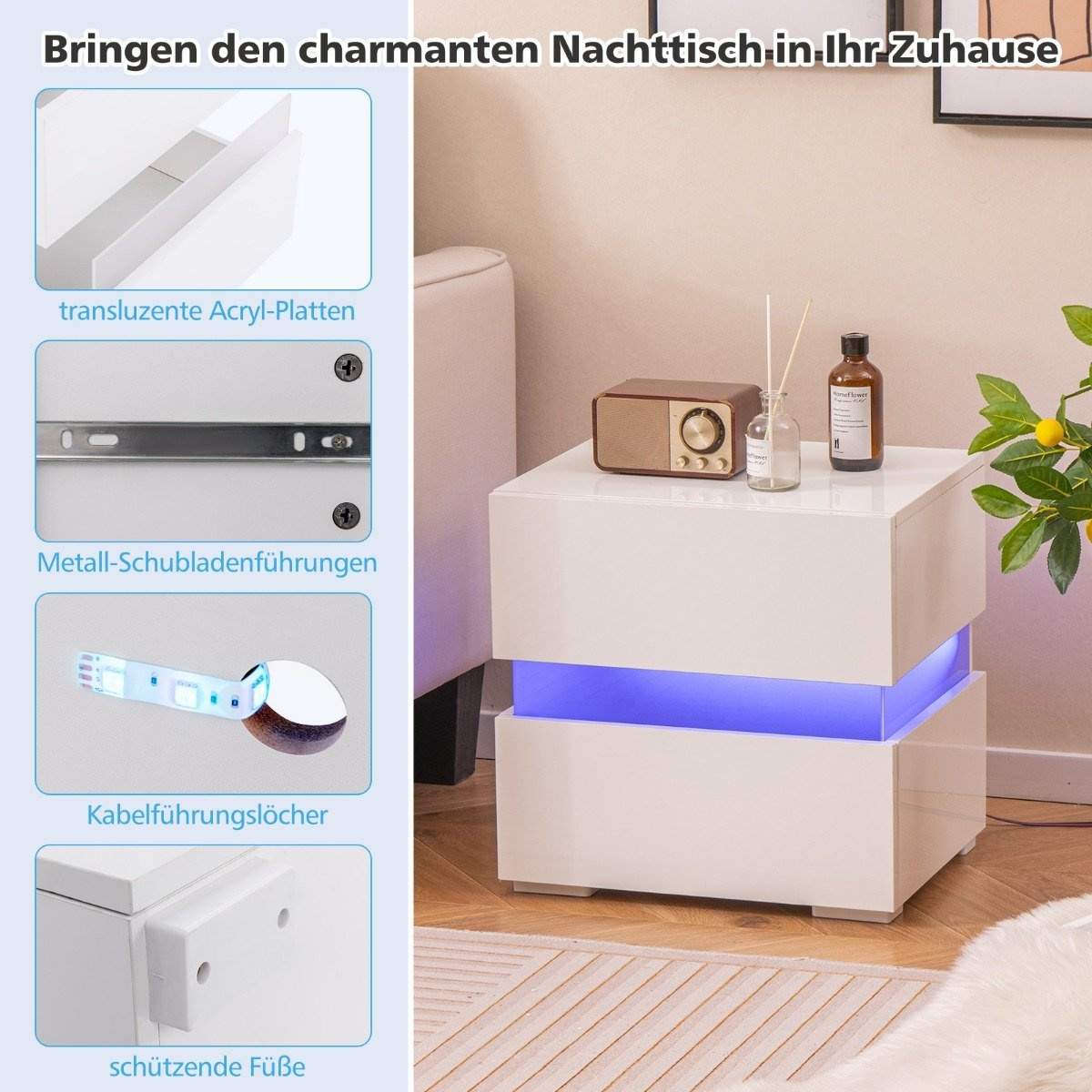 LED sengebord med 2 skuffer & fjernbetjening & dynamisk 45 x 35 x 45 cm hvid