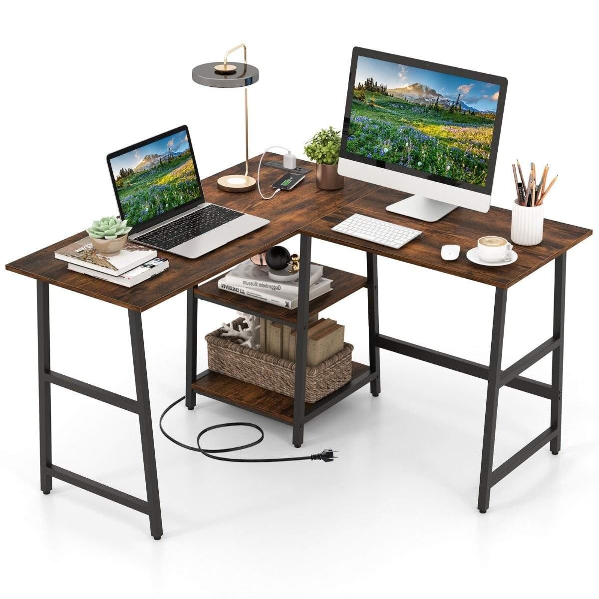 Skrivebord L-Shape hjørne skrivebord med stikkontakter & USB-porte 120 x 120 x 75 cm rustik brun