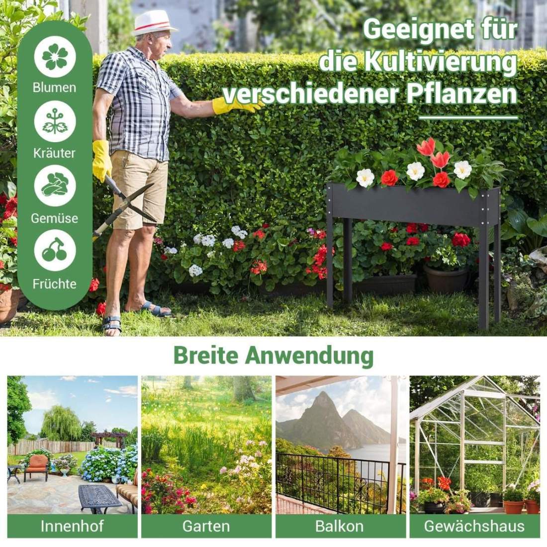 Upphöjd säng i metall planteringslåda trädgårdsrabatt med dräneringshål 102 x 26,5 x 80 cm svart | Hem & Hobby - Hem & Hushåll - Balkong | Pryloteket