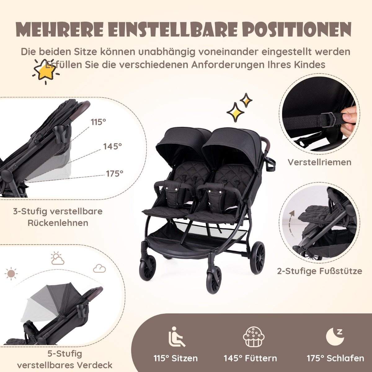 Søskendeklapvogn foldbar tvillingeklapvogn med justerbart ryglæn bærbar tvillingvogn mørkegrå