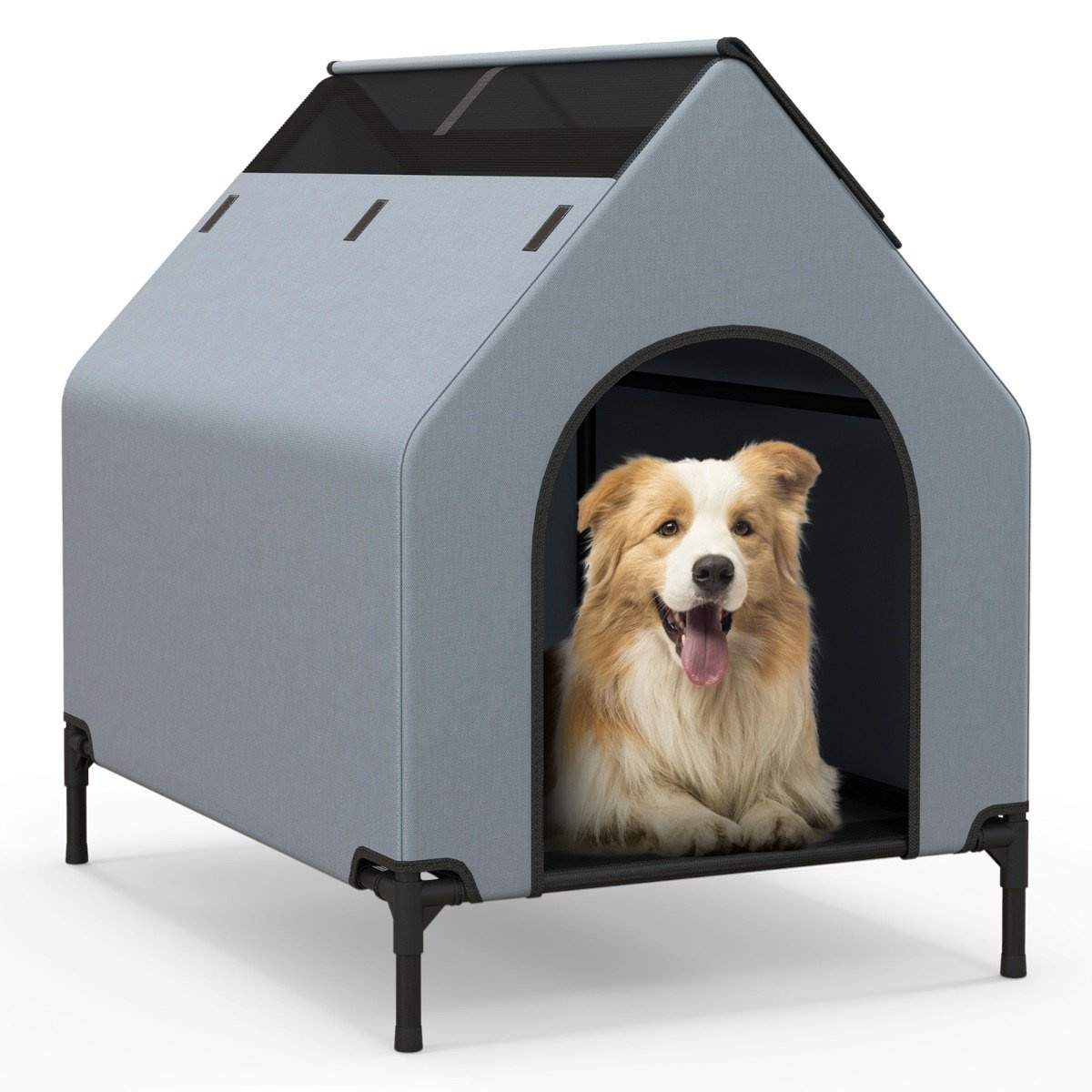 2 i 1 hundehus & Hævet hundeseng Hundestol udendørs kæledyrshus med åndbart mesh grå 64 x 91 x 86 cm