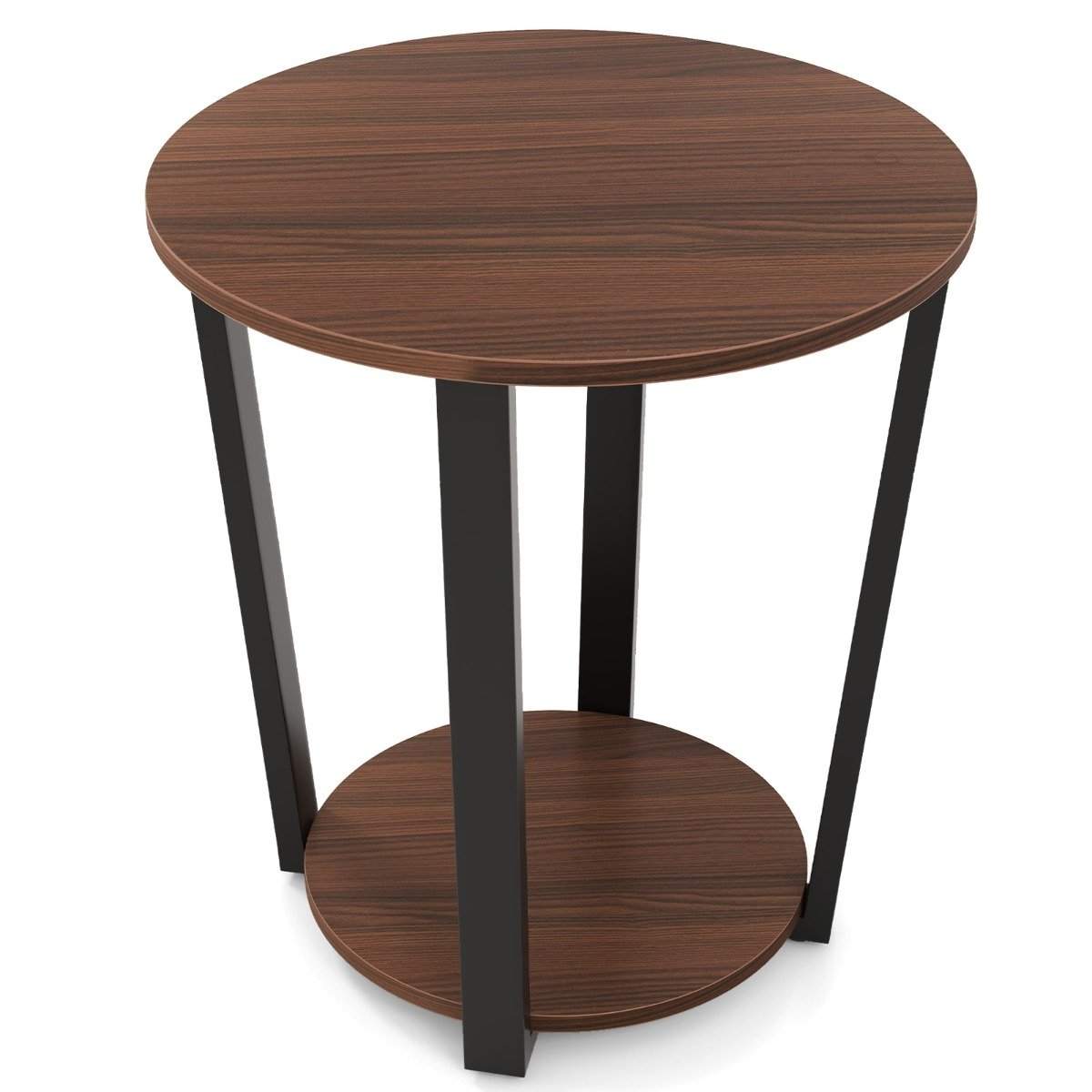 Rundt sidebord med åben hylde & Metalramme 2 Tier Accent Bord Sofa Bord Valnød