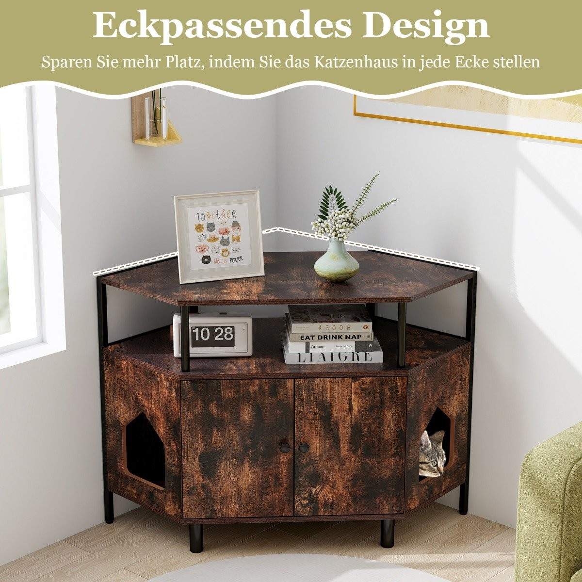 Katteskab kattetoilet kattebakkeskab til hjørnekattehus med 2 låger rustik brun