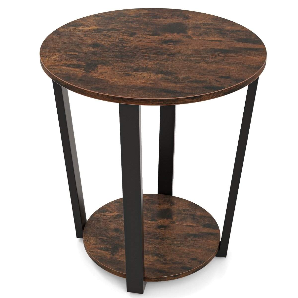Rundt sidebord med åben hylde & Metalstel 2 Etagers Accent Bord Sofa Bord-Rustik Brun