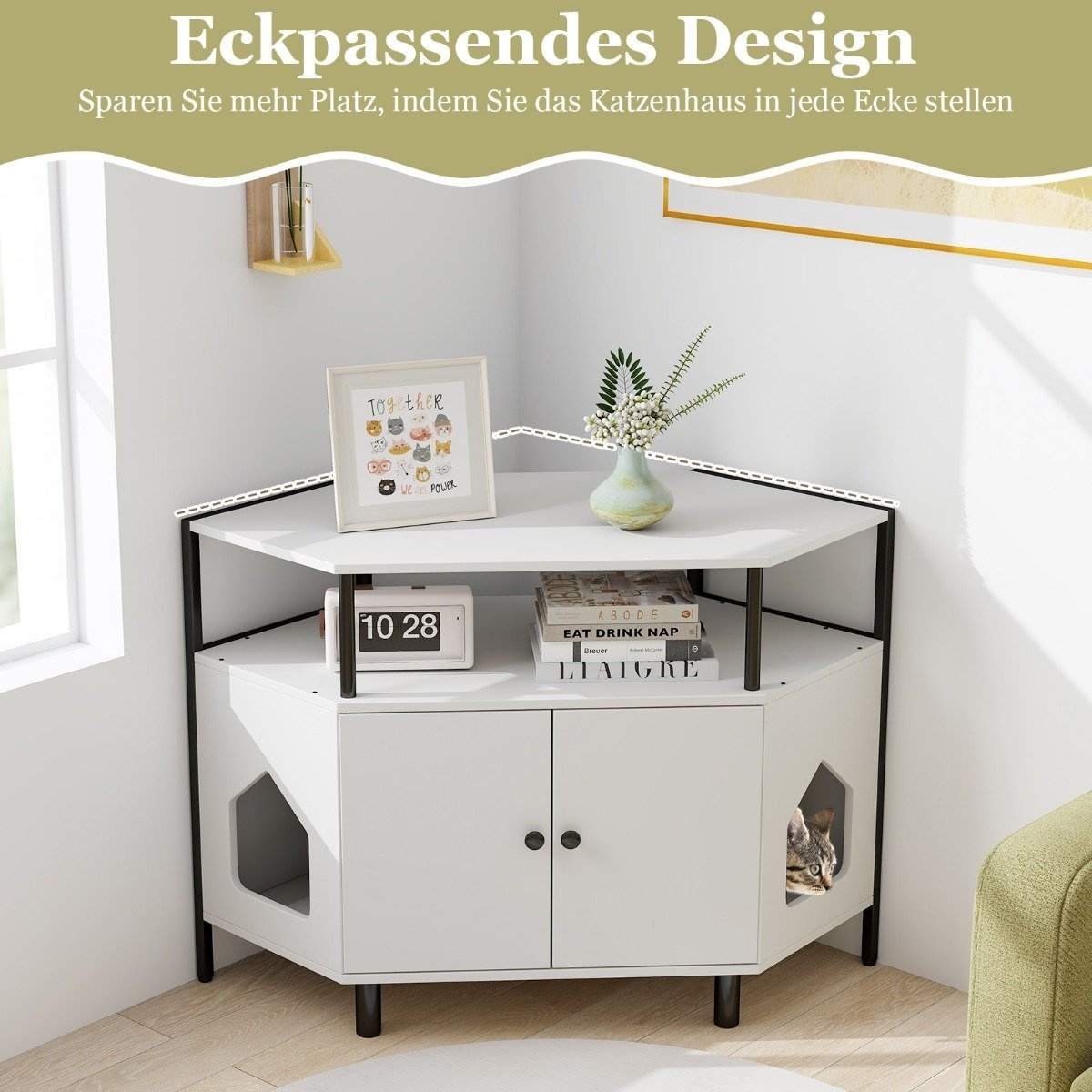 Katteskab kattetoilet kattebakkeskab til hjørnekattehus med 2 låger hvid